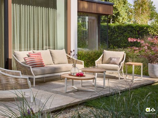 Apple Bee Milou Gartensofa 3-Sitzer 203 cm - Oyster (Polyrattan = Golden Sand) (inkl. Kissen Cotton Flower)