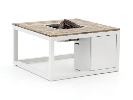 Cosiraw Lounge Feuertisch 100x100x55 cm - White (Tischplatte = Old Teak Greywash)