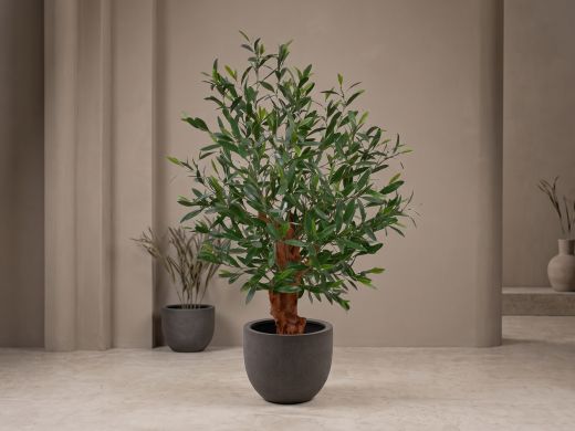 Designplants/Luca Lifestyle Oliven Bonsai Kunstpflanze (h:90 cm) mit Grigio New Egg Blumentopf - Grün (UV beständig) (Blumentopf = Natural Concrete)