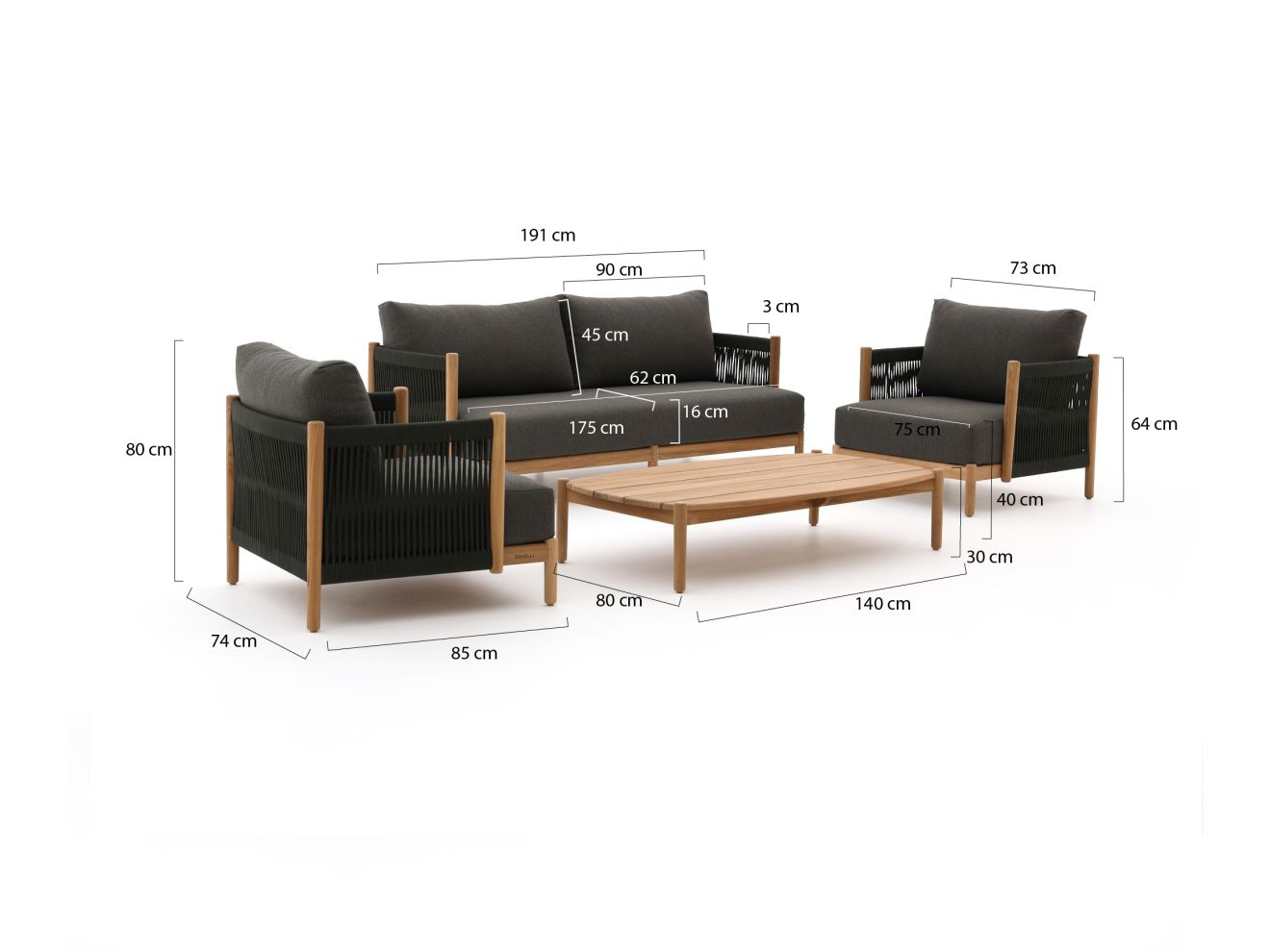Zavelli Convivia Sessel-Sofa Lounge-Set 4-teilig 4-Sitzer günstig online kaufen