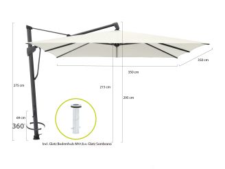 Glatz Sombrano S+ Easy Ampelschirm 350x350cm - Ekrü (158) (inkl. Bodenanker M4) und Sonnenschirm Schutzhülle) Aluminium ( Gestell = Anthrazit)